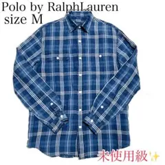 未使用級✨ ポロバイラルフローレン チェックシャツ ポニー無 リネン 青 M