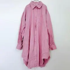 シャツ 【S】 ピンク 長袖 丈長め 襟付き トップス 無地 古着 レディース