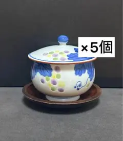 陶器製 ぶどう模様の器 5個セット 木皿 蓋付煎茶碗 茶托