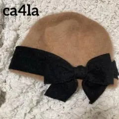 カシラ　ベルハット　ベージュ　黒のリボン　アンゴラ　ウールハット　ニット帽