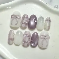 ネイルチップ　マグネット　紫　リボン　チェック　パープル　ぷっくり　ガーリー