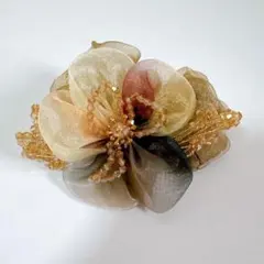 シフォン花モチーフ シュシュ ゴールド系