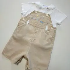 美品★80cm familiar ベージュストライプオーバーオールのサムネイル