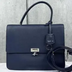agnes b.】アニエスベー レザートートバッグ ネイビー A4ロゴチャーム