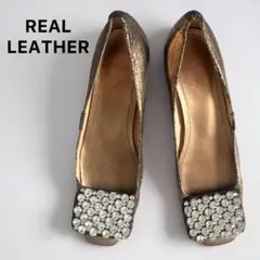 【本革】ビジュー パンプス スクエアトゥ メタリック 34 結婚式
