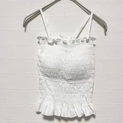 シャーリング キャミソール ホワイト フリル シンプル 無地 パッド入り 白