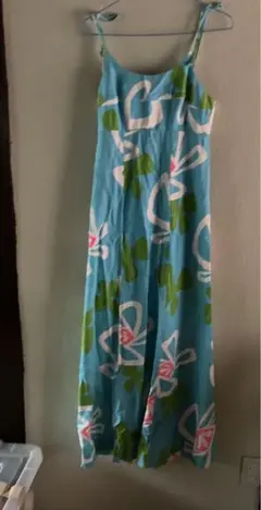 着物リメイク　キャミワンピース 青色 花柄 ロング丈