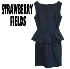 美品【ストロベリーフィールズ】膝丈ワンピース　ペプラム　ネイビー　S M L