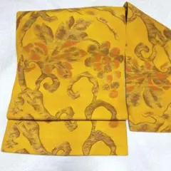 洒落帯　名古屋帯　幾何学模様　夏用　金黄茶橙緑　葉　葡萄　枝　模様　未完成？絹？