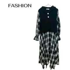 B192FASHIONロング長袖 チェックワンピース異素材切替ニットベスト