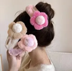 ★お試しセット★花型モコモコヘアクリップ（約12cm）3個セット