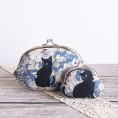 お得ながま口2個セット*黒猫と花畑×ブルー