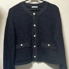 GU フリンジダブルポケットニットジャケット ネイビー M