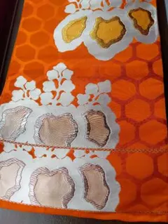 オレンジ色の花柄 袋帯　五三の桐　テーブルセンター　素材　シルク　絹