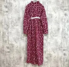 昭和レトロ えんじ色 ボルドー ロングワンピース 赤 桃柄？果物柄 レース 長袖