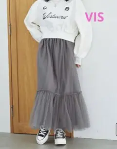 VIS ニュアンス柄　チュールスカート　ライトグレー