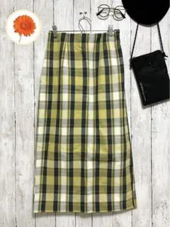 M アーバンリサーチ　タイトスカートロング　チェック柄　ウエストゴム　黄色　緑