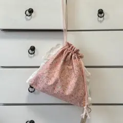 ハンドメイド花柄ピンク巾着袋 レース付き
