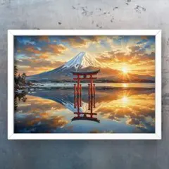 朝陽に染まる富士山と海を飾る鳥居が幸福を引き寄せる　額縁付きグラフィック