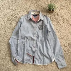 【Tommy Hilfiger】ストライプ シャツ 肘あて ロゴ刺繍 綿100%