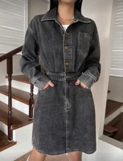 デニムワンピース 黒 グレー M