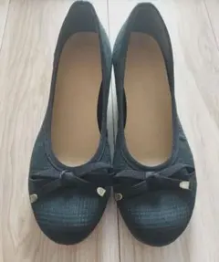 ダークグリーンチェック リボン付きフラットシューズ　パンプス