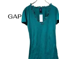 【美品】GAP フリルVネックトップス グリーン M