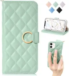 iPhone 12 ケース 手帳型 カード収納 ストラップ付き グリーン