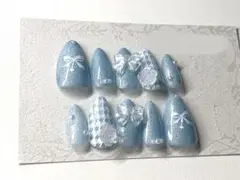 ネイルチップ 水色 マグネット リボン バラ 韓国系 推し活 ちゅるん 夏