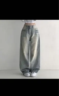 ワイドパンツ ライトブルー ブラック フェード加工