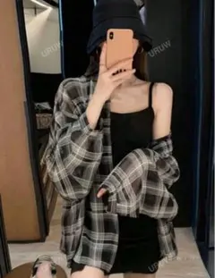 レディース チェック柄 長袖シャツ ブラック・グレー　SHEIN