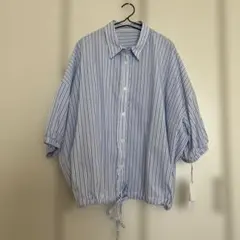 スピックアンドスパン ギャザー リボン ストライプ シャツ ワイド 