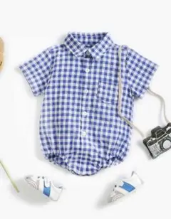 半袖　チェック柄　ボディスーツ　シャツ襟付き　ロンパース　ベビー服　子供服
