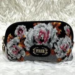 FELIER フェイラー 花柄 刺繍 ポーチ グレー ミニ ケース フラワー