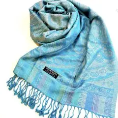新品未使用！PASHMINA 100%ストール 青系 ペイズリー　フリンジ　大判