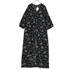 ショコラフィネローブ　花柄 Vネックカーディガン　ワンピース風　黒　F