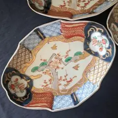 古伊万里 上手 扇面皿 錦手 手描き 松菊に鳥の図 変形皿 3客 幕末