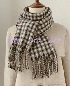 24H以内発送★カシミヤ混チェック柄リバーシブルカシミヤ大判マフラー♪332BK