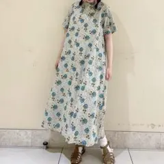 handmadeウィリアムモリス（ハニーサックル）生地ワンピースfree五分袖