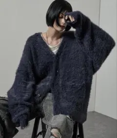 ジャギーニットカーディガン　チャコール　メンズ