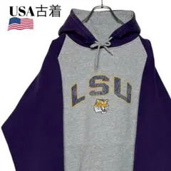 90s USA古着NCAA LSUタイガース ラグランパーカー グレー×紫 XL