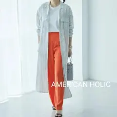 アメリカンホリック　Wポケット開襟リラックスワンピース　ストライプ/M