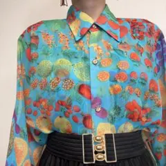 水色系 果物柄 フルーツ柄 シアーシャツ インナー セット レトロ 総柄 透け感のサムネイル
