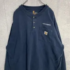 カーハート　ヘンリーネック　企業ロゴ刺繍　ネイビー　ロンT 長袖　2XLTALL