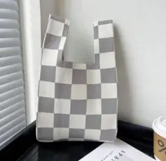ニットバッグ ワンハンドル ミニバッグ 韓国 春カラー グレー チェック