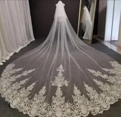 ホワイト レース装飾 ロングウェディングベール