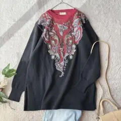 美品(L)毛混/長袖ニット/セーター/刺繍/黒/派手/個性的/プルオーバー