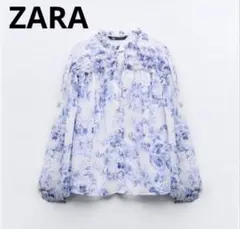 ZARA セミシアー　花柄シフォンブラウス 【M】バルーンスリーブ　長袖