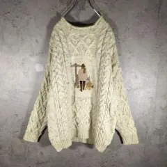 【英国製】 アランニット 刺繍セーター ウール XL ゆるだぼ 立体編み
