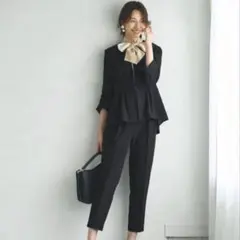 ペプラムジャケット　パンツスーツ　セットアップ　ブラック　L セレモニー